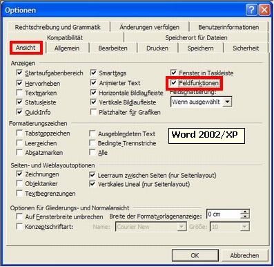 Dialog “Extras / Optionen” in Word 2002